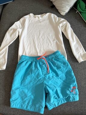 Kids White Rash Guard with Turquoise Swim Shorts